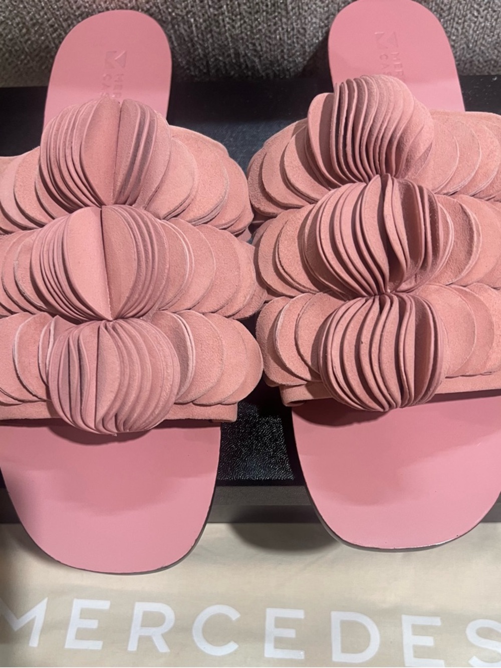 💖💖 MERCEDES CASTILLO Pink Peony Petal Suede Slide Sandals- Size (10.5), NWT. 💖💖